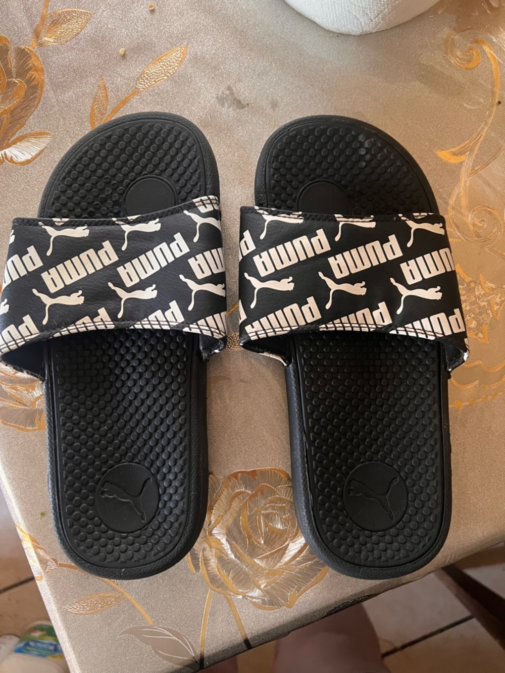 Puma Black Slide Sandals with White Logo Strap